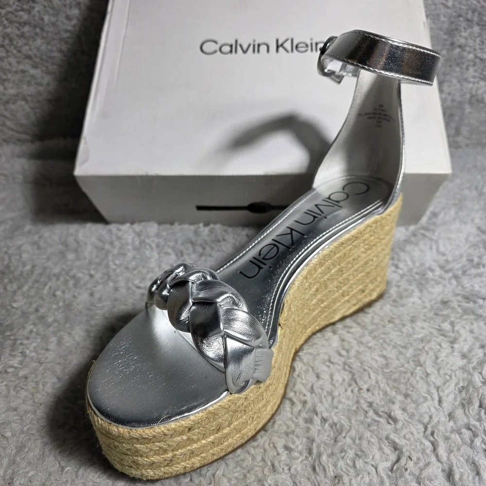 Calvin Klein Silver Metallic Leather‎ Espadrille Wedge Platform Sandals 9M NEW
